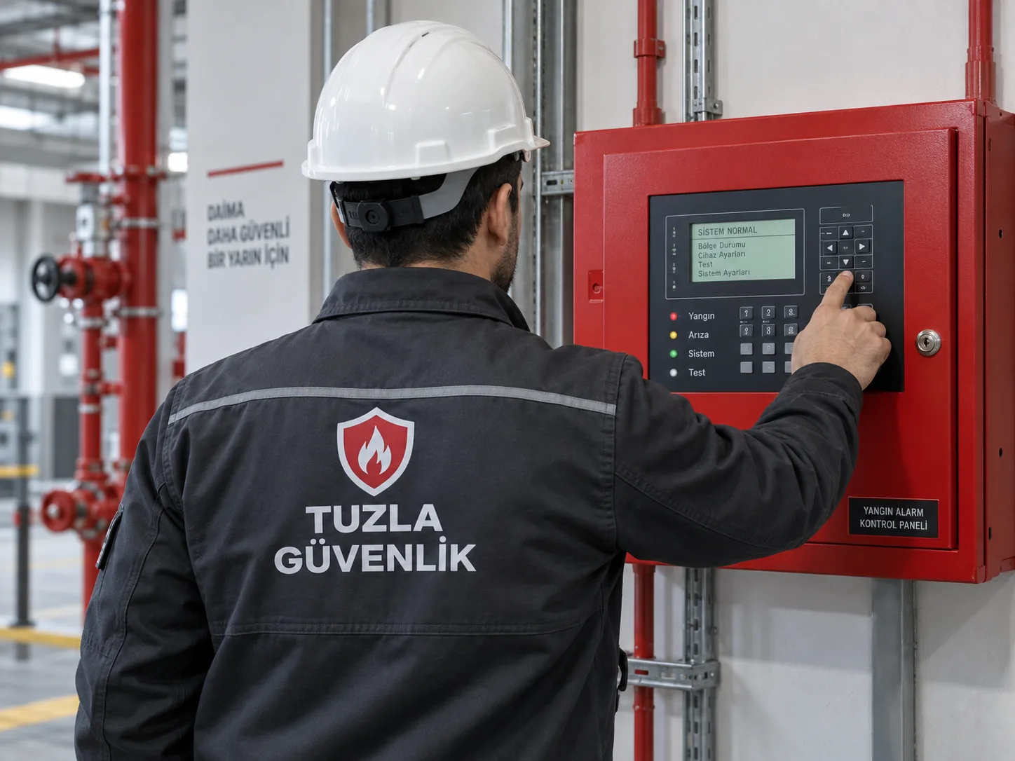 Yangın alarm panelini kontrol eden Tuzla Güvenlik teknik personeli
